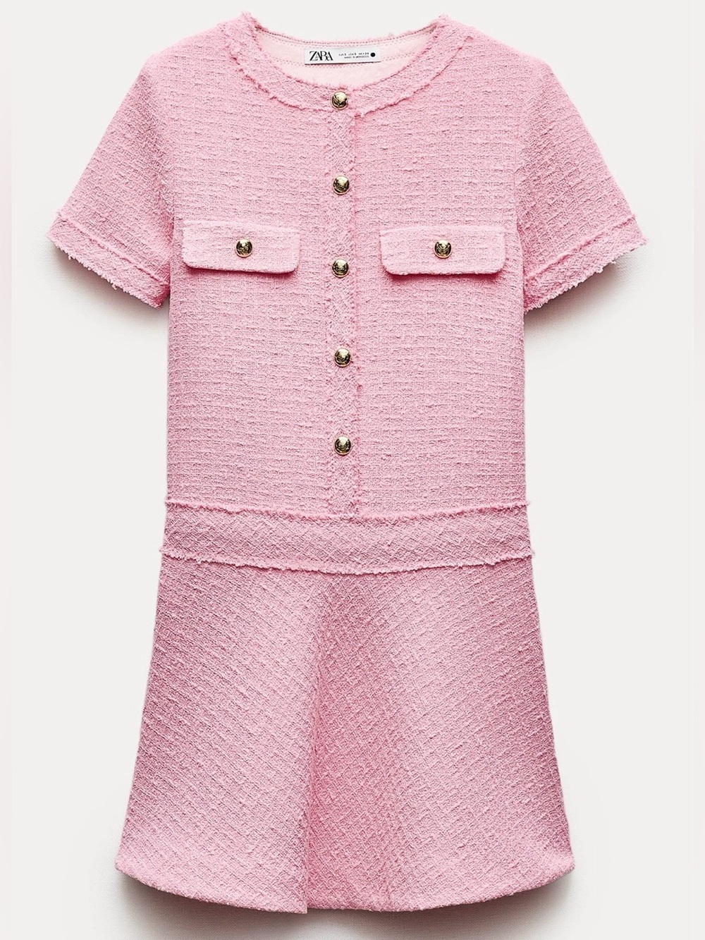 New ZARA Pink Tweed Short-Sleeve Dress with Gold Buttons size XS